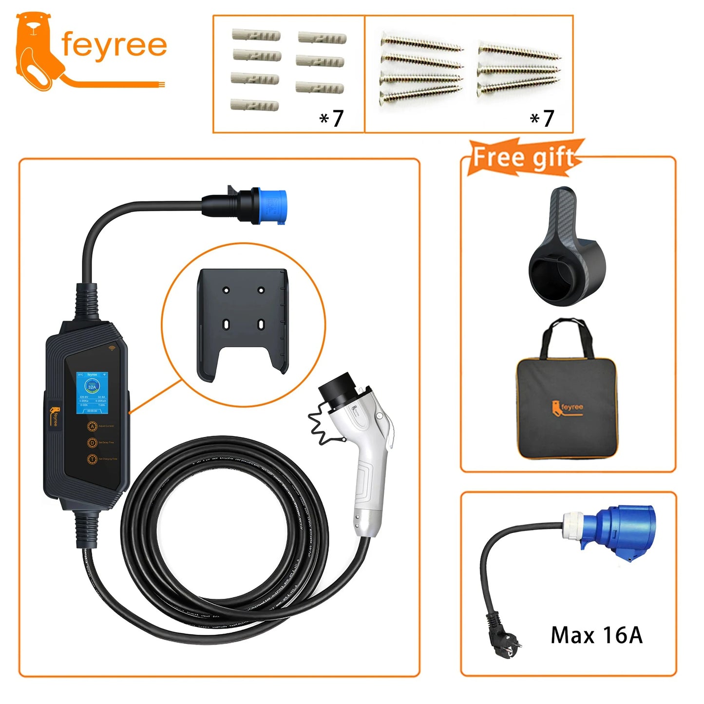 feyree 7KW 32A Adjustable EV Charger GBT Socket APP Bluetooth Version Set Charging Time EVSE Charging Box for Electric Vehicle