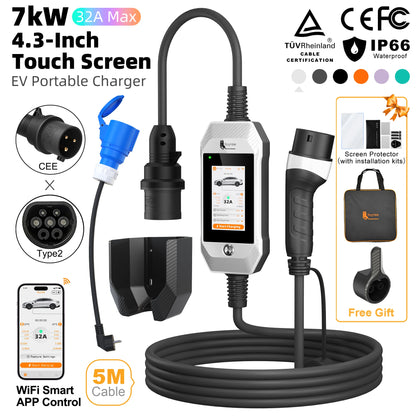 feyree 4.3 Inch Touch Screen Portable 7kW EV Charger Type2 Charging Plug with Smart Wifi APP AC Home Charger Professional Design