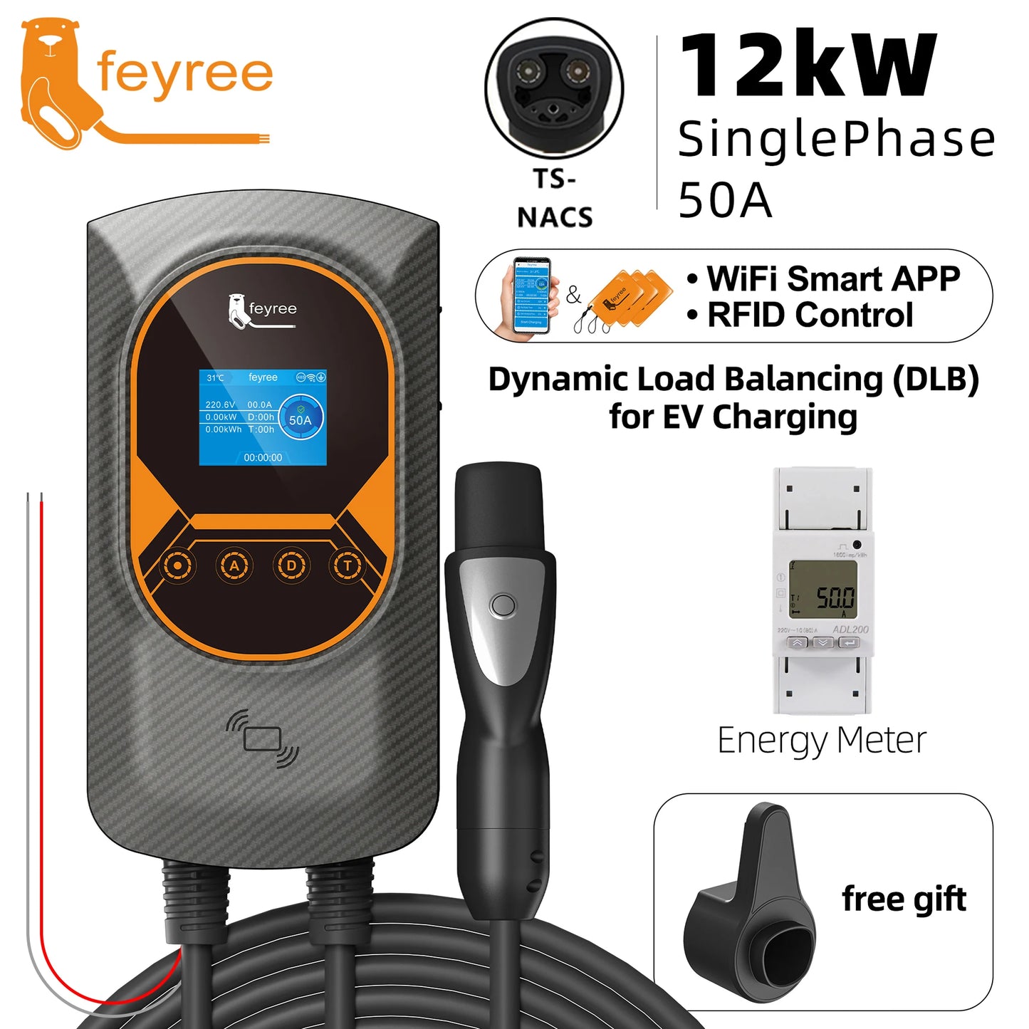 feyree NACS Smart EV Wallbox Charger 12kW 50A Single Phase Dynamic Load Balancing APP Control Charging Log EV Charging Station