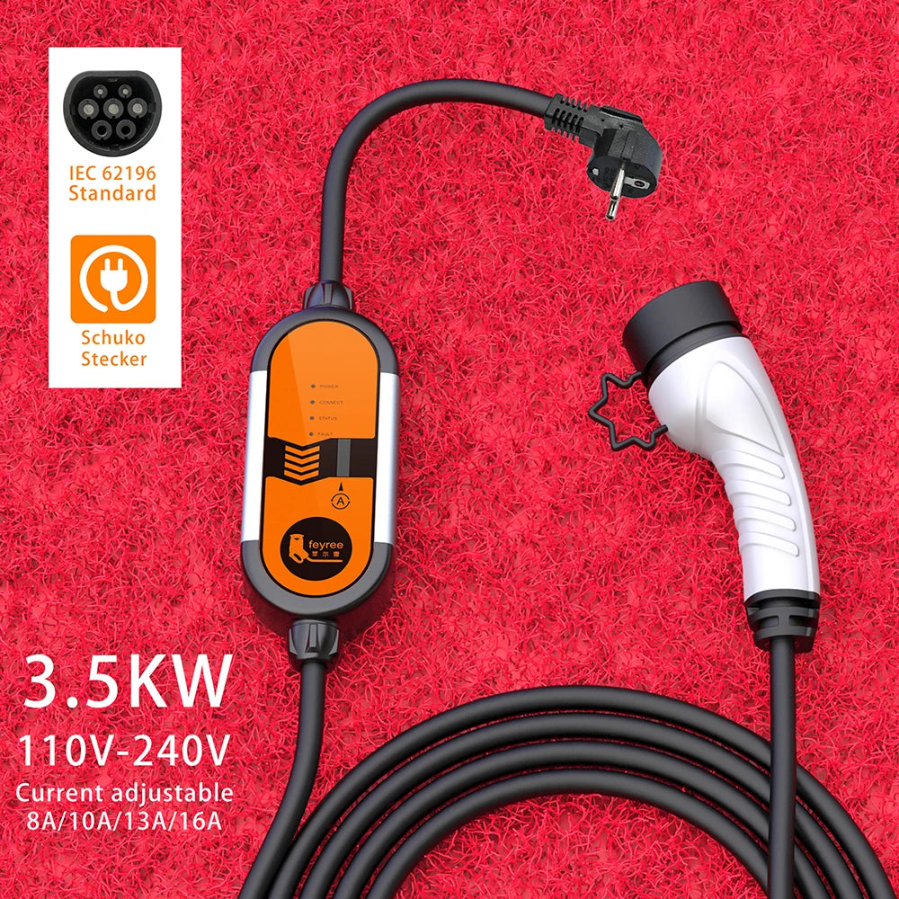 feyree Portable EV Charger Type2 IEC62196-2 16A EVSE Charging Cable Type1 SAE J1772 EU Plug Controller Wallbox for Electric Car