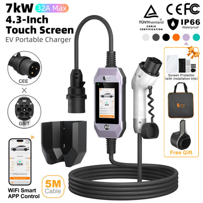 feyree GB/T EV Charger 7kW 32A 1P Touch Screen 4.3inch Smart WIFI APP Control EVSE Portable Charging Box forElectric Car Charger