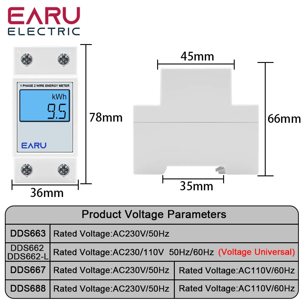 Single Phase LCD Digital Energy Meter Reset Zero kWh Voltage Current Power Consumption Counter Electric Wattmeter 220V Din Rail by 54Grid - Renewable Energy Store