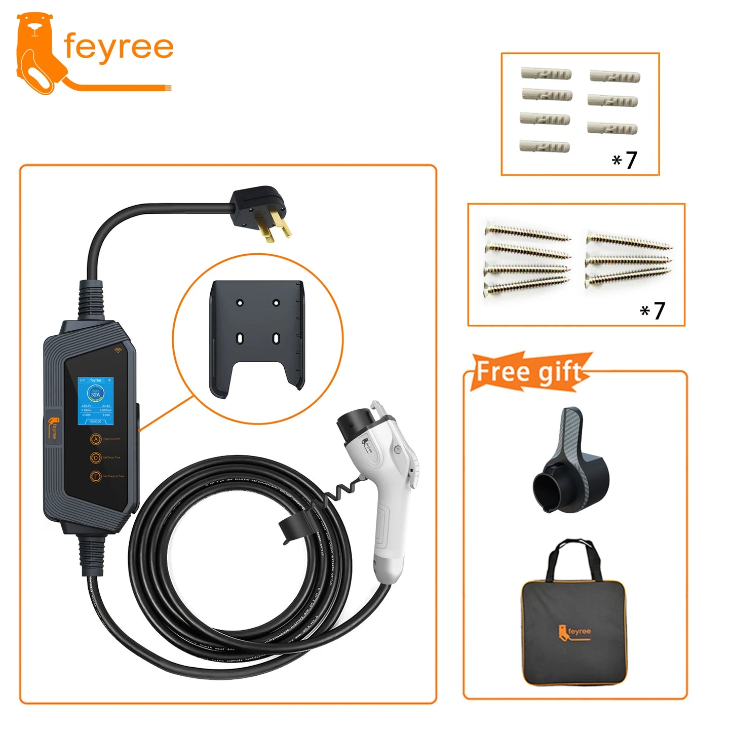 feyree Type1 7KW 32A 1Phase Portable EV Charger J1772 Socket with 5m Cable Smart APP WIFI Control Version for Electric Vehicle