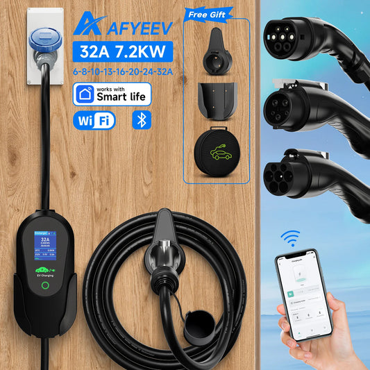 AFYEEV 7.2KW 32A Portable Type2 IEC62196-2 EV Charger Type1 SAE J1772 Electric Car Charger GBT EVSE Charging Cable WiFi APP