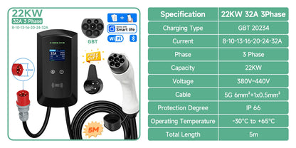 AFYEEV 22KW GB/T EV Charging Station 32A Electric Vehicle Car Charger EVSE Wallbox Wallmount RFID WiFi Bluetooth APP Control