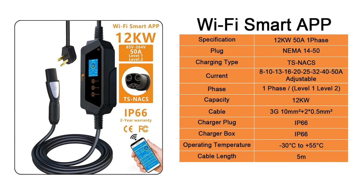feyree Portable EV Charger TS-NACS Connector 32A up to 50A 12KW High Power EV Wallbox with Smart APP WIFI for All Tesla Models