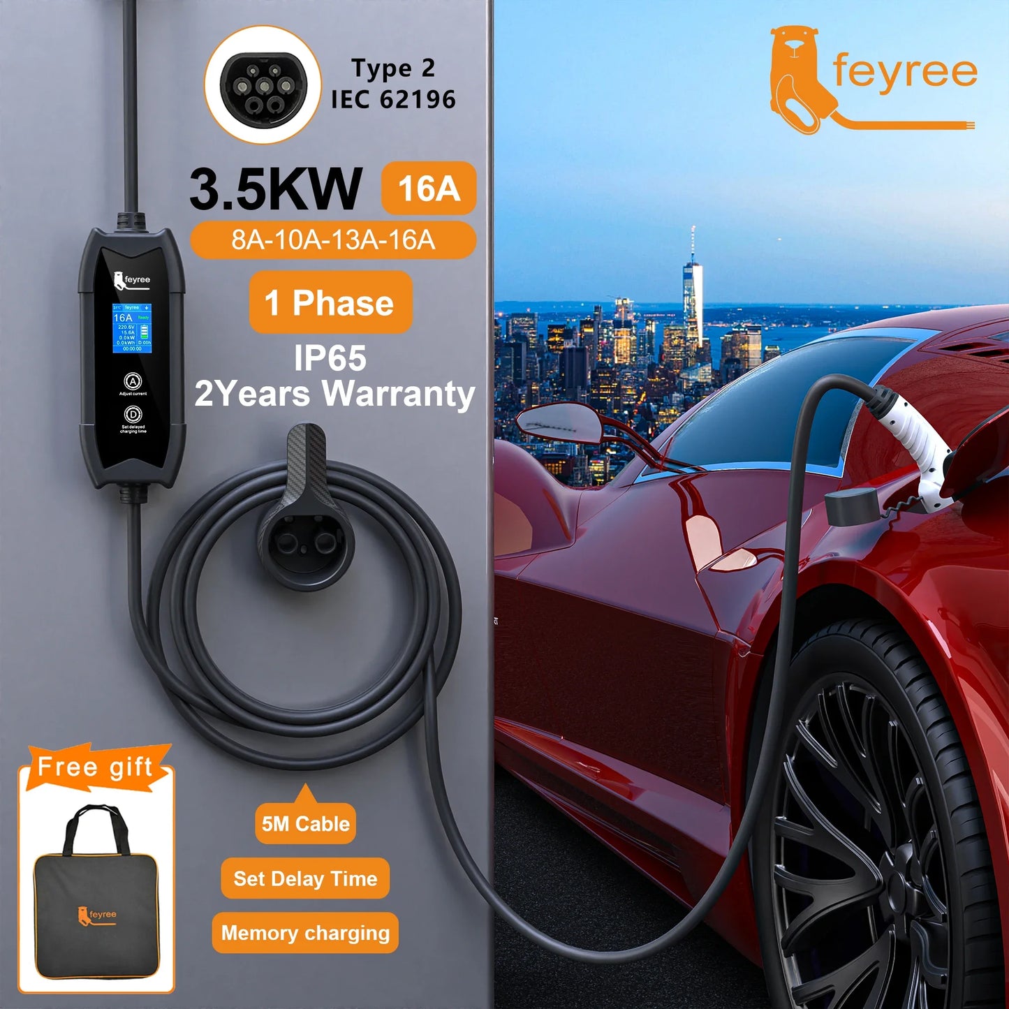 feyree Type2 3.5KW 16A Adjust Current EV Charger Portable Charging Box Set Current&Delay Time with Schuko Plug for Electric Ca