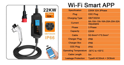 feyree GBT Socket  22KW 11KW 3P Fast Smart Charging APP Bluetooth Version 7KW 32A 1P EVSE Portable Charging Box for Electric Car