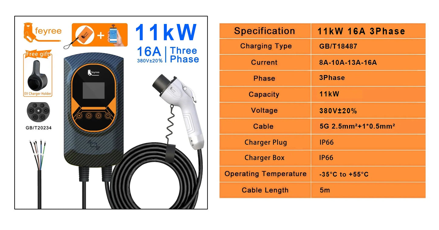 feyree EV Charger GB/T Socket EVSE Wallbox 32A 22KW 3Phase 16A 11KW Electric Vehicle APP Control Charging Station 7.6KW 5m Cable