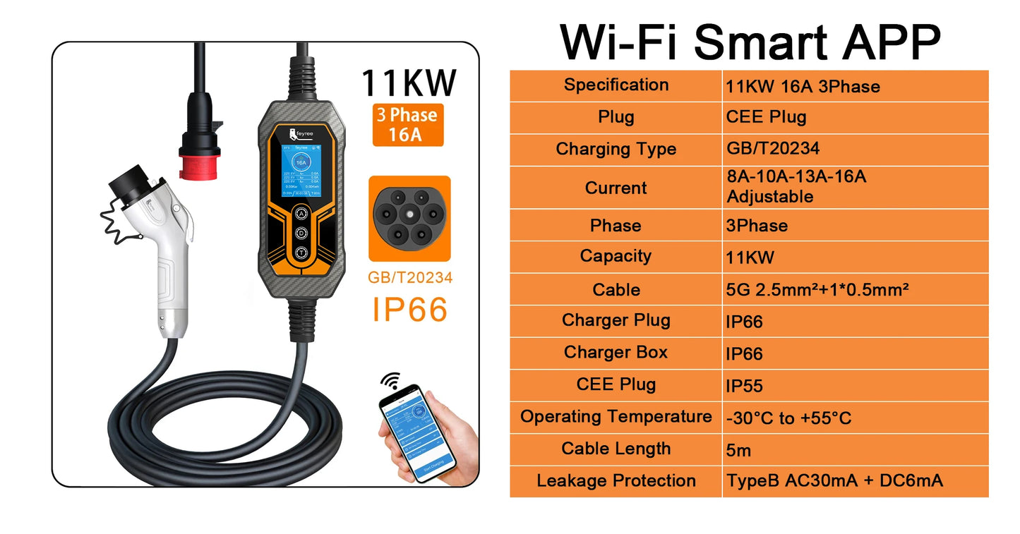 feyree GB/T Portable EV Charger 32A 7KW 1Phase APP Bluetooth Version EVSE 11KW 16A 3Phase Cable 5m CEE Plug for Electric Vehicle