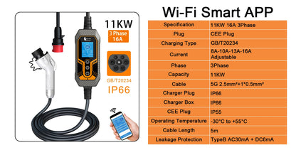 feyree GB/T Portable EV Charger 32A 7KW 1Phase APP Bluetooth Version EVSE 11KW 16A 3Phase Cable 5m CEE Plug for Electric Vehicle