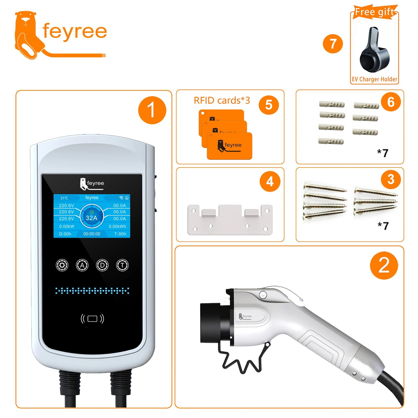 feyree EV Charger GB/T Socket 7.6kw 32A Wallbox 4.3 inch Big Screen APP Charge History Record 11kw 22kw 3 Phase Charging Station