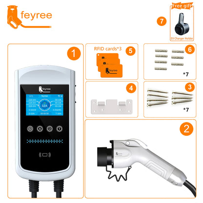 feyree EV Charger GB/T Socket 7.6kw 32A Wallbox 4.3 inch Big Screen APP Charge History Record 11kw 22kw 3 Phase Charging Station