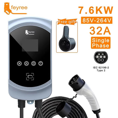 feyree Type2 EV Charger 32A 7.6KW 1Phase EVSE Wallbox 11KW 22KW 3 Phase Fast Charging Station 5m Cable for Electric Vehicle Car