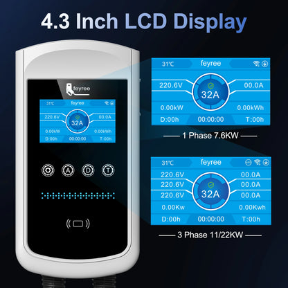 feyree Type2 32A 7kW 1P DLB EV Charger 4.3inch Screen Dynamic Load Balancing 11kW 22kW 3P EVSE Wallbox Station with Charging LOG