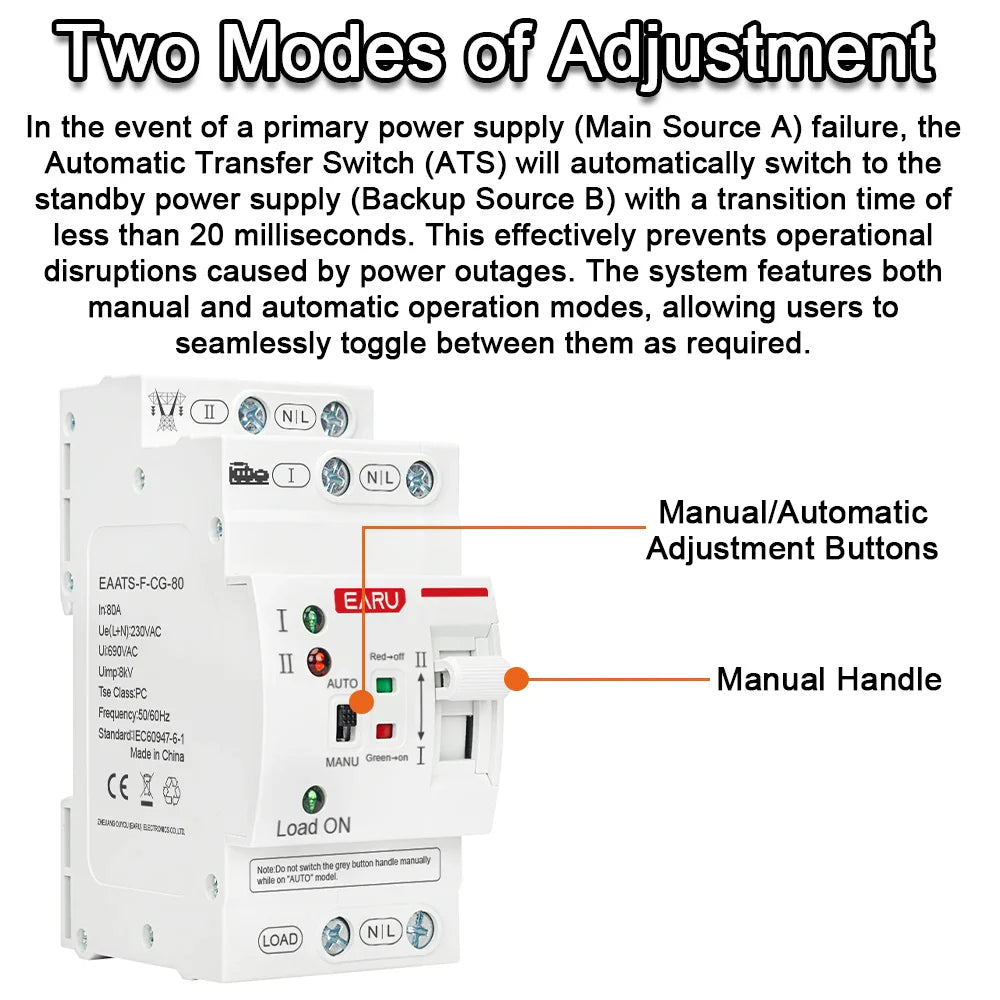 2P 4P 80A AC 230V 110V Automatic Transfer Switch Mini ATS Solar PV Dual Power Electrical Selector Switches Uninterrupted Power