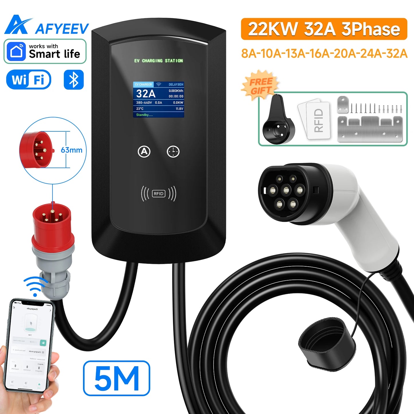 AFYEEV 32A EV Charging Station 22KW 3Phase Electric Vehicle Car Charger 11KW Type2 IEC62196-2 EVSE Wallbox APP Control 5m Cable