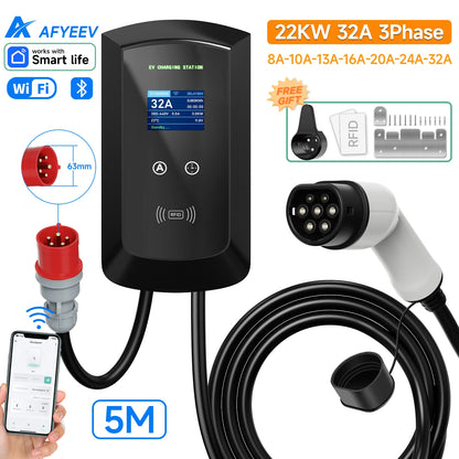 AFYEEV 32A EV Charging Station 22KW 3Phase Electric Vehicle Car Charger 11KW Type2 IEC62196-2 EVSE Wallbox APP Control 5m Cable