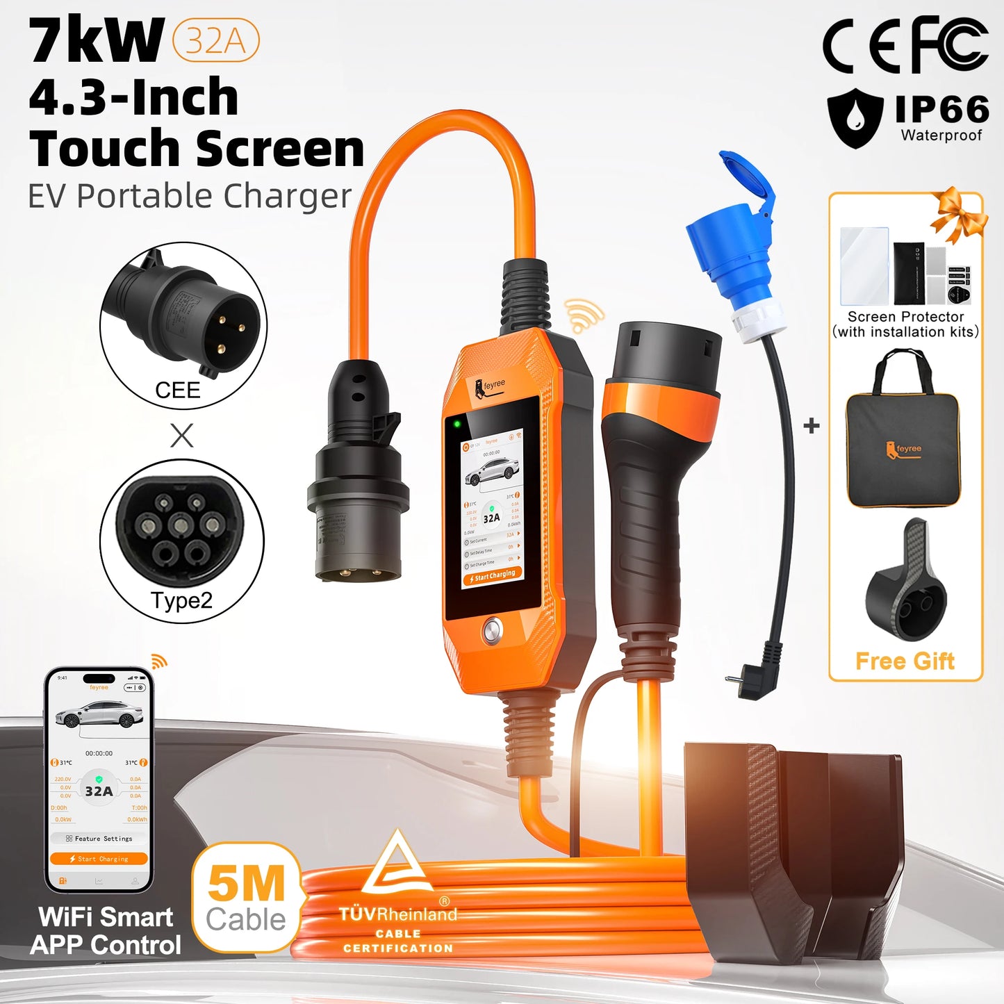 feyree 4.3 inch Touch Screen Type2 7kW 32A Adjustable Portable EV Charger with Adapter Smart APP Wi-Fi Control for Electric Cars