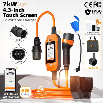 feyree 4.3 inch Touch Screen Type2 7kW 32A Adjustable Portable EV Charger with Adapter Smart APP Wi-Fi Control for Electric Cars