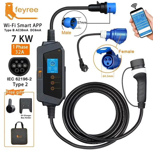 feyree Portable EV charger Type2 32A 7kW Fast Charging APP Wi-Fi Control by Setting Current & Charging time for Electric Vehicle