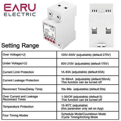 63A Tuya Smart WiFi Circuit Breaker Switch BI-Direction Measuring Earth Leakage Over Under Voltage Protector Energy Power Meter by 54Grid - Renewable Energy Store