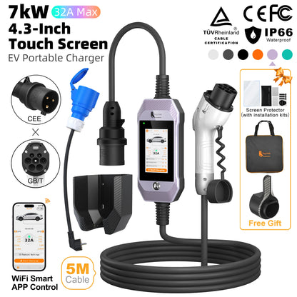 feyree GB/T EV Charger 7kW 32A 1P Touch Screen 4.3inch Smart WIFI APP Control EVSE Portable Charging Box forElectric Car Charger