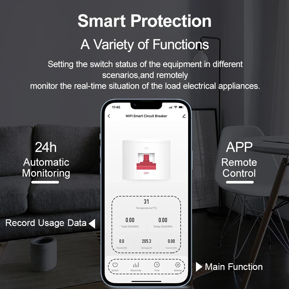 Tuya WiFi Smart Circuit Breaker MCB AC230V 1-80A Adjustable Energy Meter kWh Over Current Under Voltage Short Circuit Protection