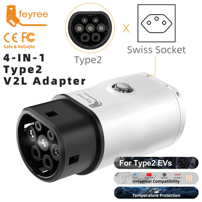 feyree Type2 V2L Discharger Adapter for MG/Kia/Hyundai/Chinese EVs,Vehicle to Load Power Converter and Safety Switch for Camping