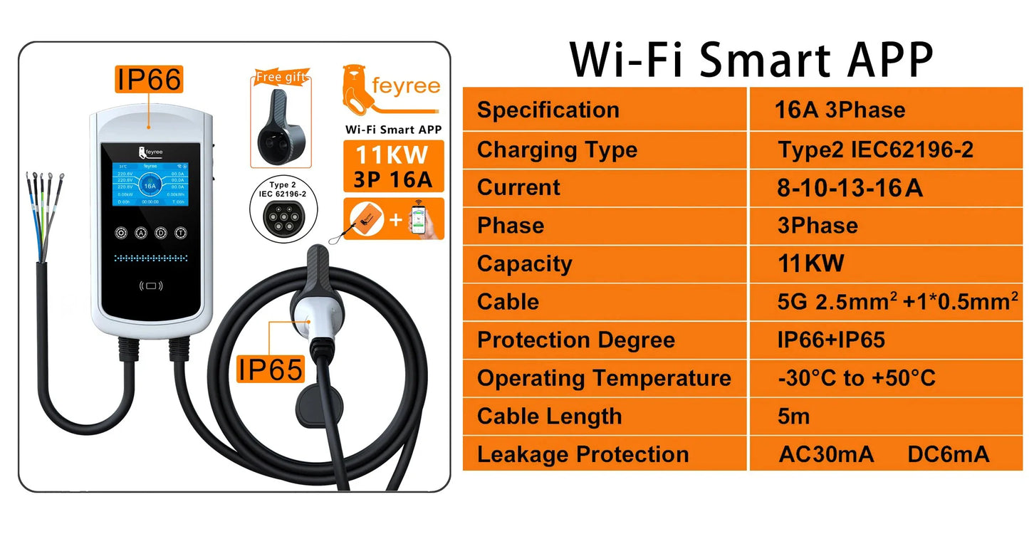 feyree Type2 EV Charger 32A 7.6KW Charging Station Car Charger 11KW 22KW 3Phase EVSE Wallbox 4.3inch Screen Smart APP Control