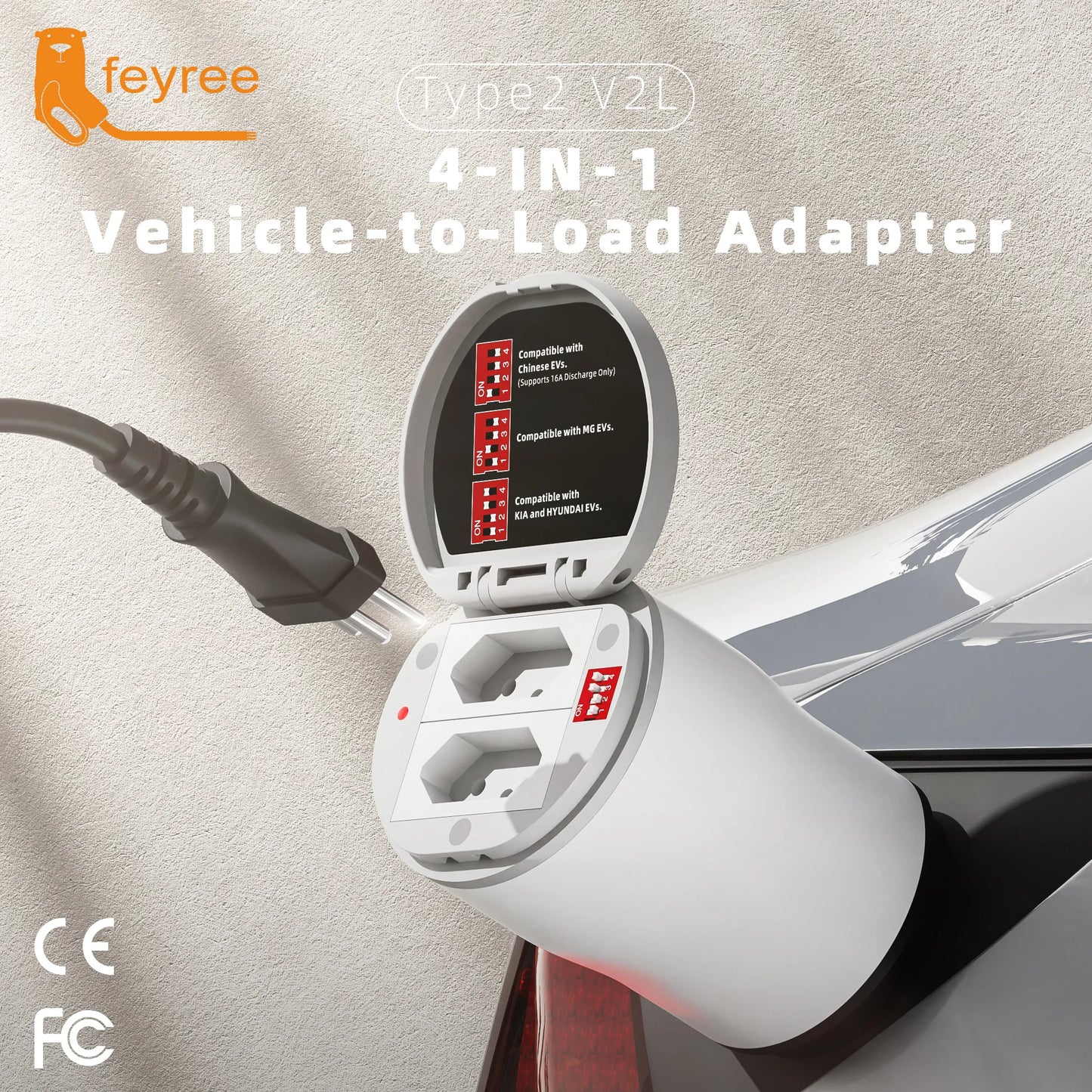 feyree Type2 V2L Discharger Adapter for MG/Kia/Hyundai/Chinese EVs,Vehicle to Load Power Converter and Safety Switch for Camping