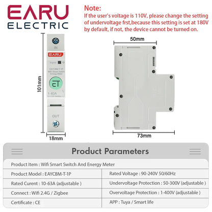 1P TUYA APP Zigbee WIFI Smart Energy Power Consumption kWh Meter Circuit Breaker Time Relay Switch Leakage Voltage Protection by 54Grid - Renewable Energy Store