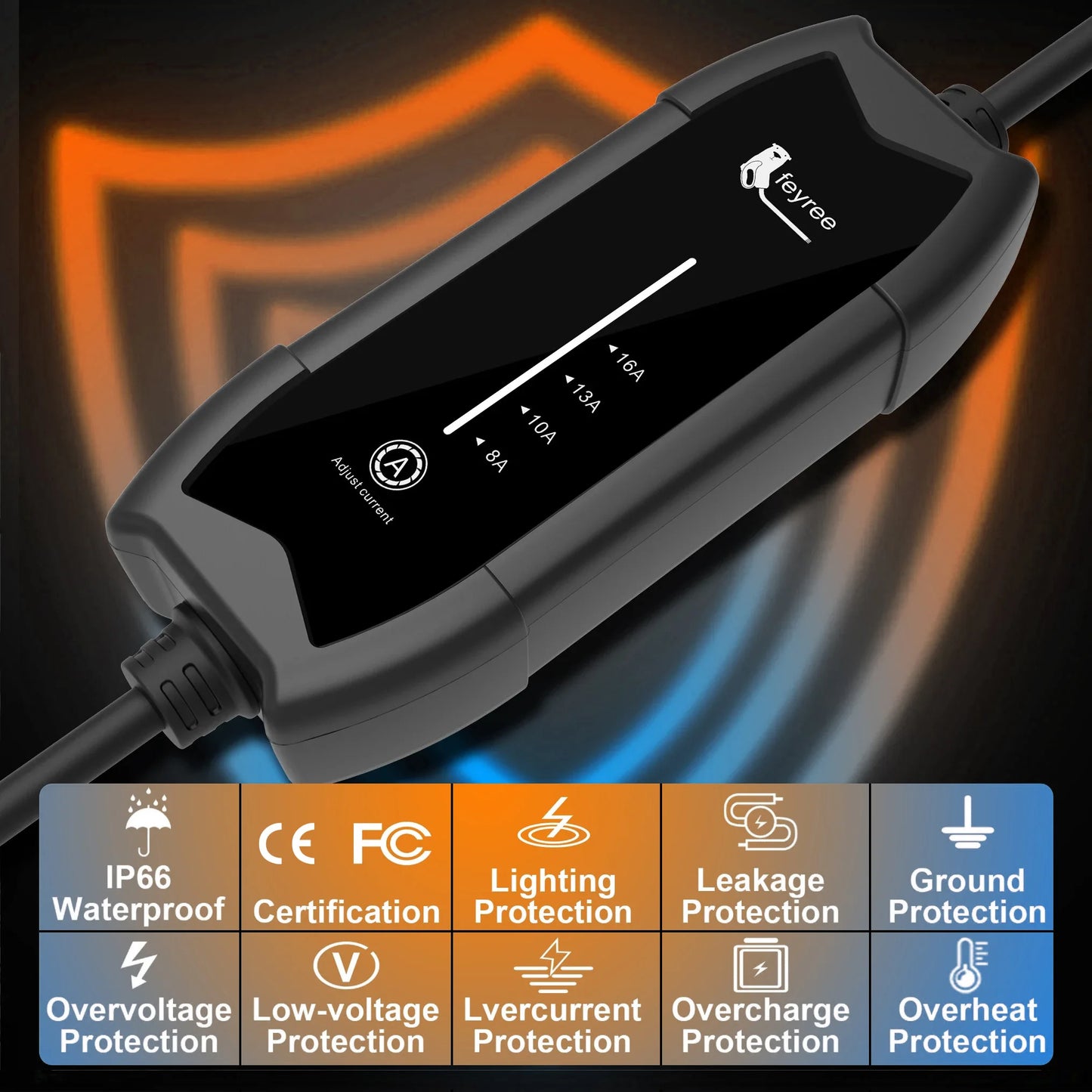 feyree EV Portable Charger Type2 / GB/T Plug 16A Single Phase 3.5KW Type1 3.5m Wallbox Charging Station for Electric Vehicle