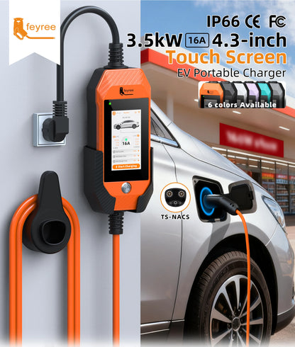 feyree Portable EV Charger For Tesla 3.5kW 16A 1Phase 4.3in Touchscreen With WiFi APP Control with Box Holder For EV Car Charger