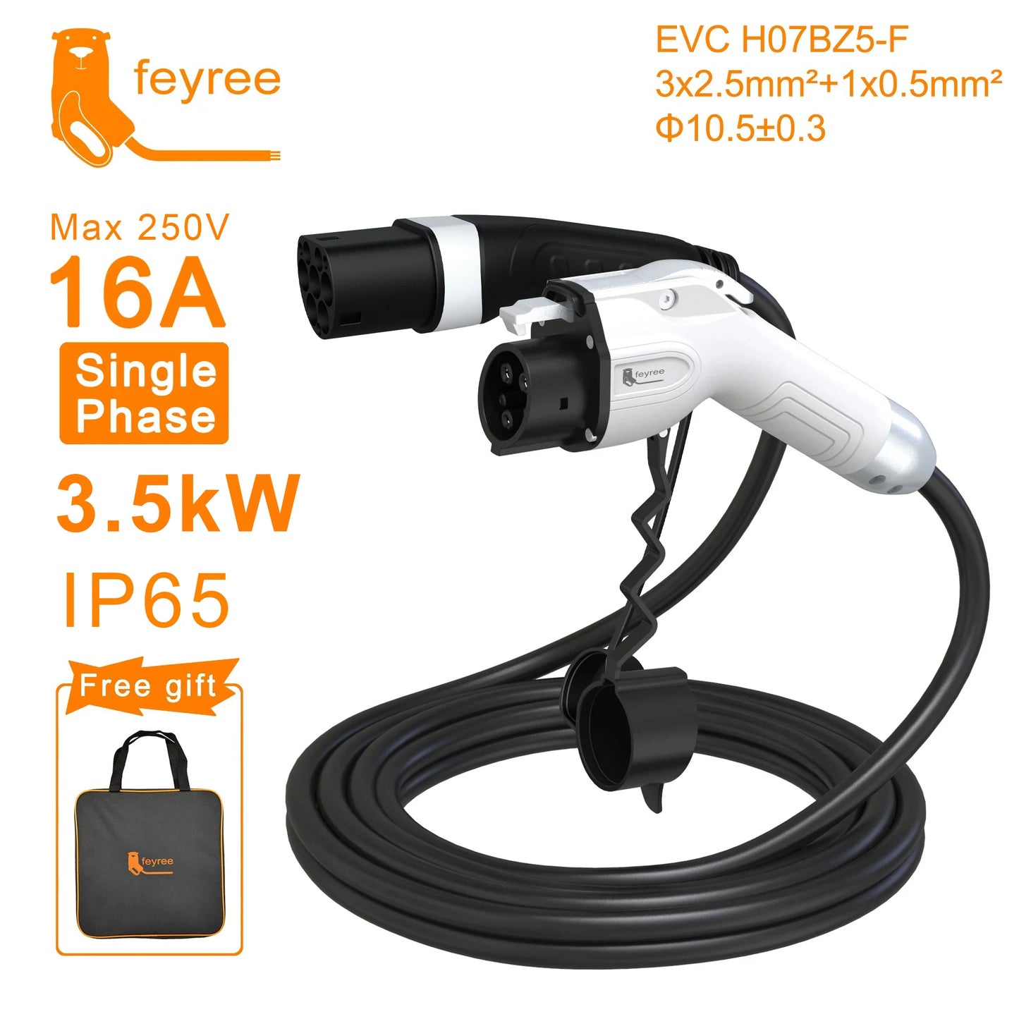 feyree EV Charging Cable 7KW 32A 1Phase Type1 Car Charging Socket to Type2 Power Supply Side 16A 3.5KW 5m Cable for Electric Car