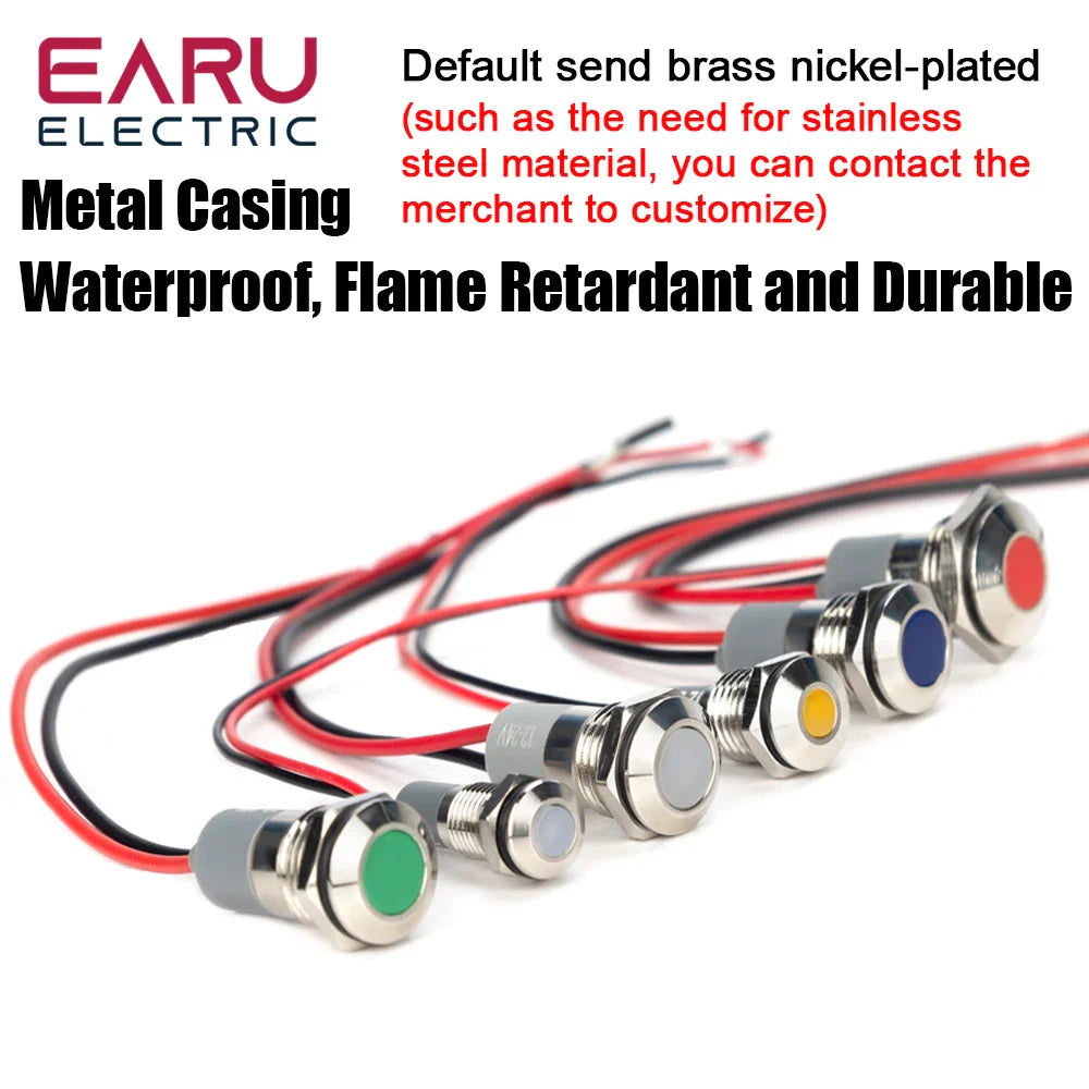6mm 8mm 10mm 12mm 14mm Warning LED Metal Indicator Light Pilot Wires Switch Waterproof IP65 Signal Lamp 5/12/24/220V Red Green