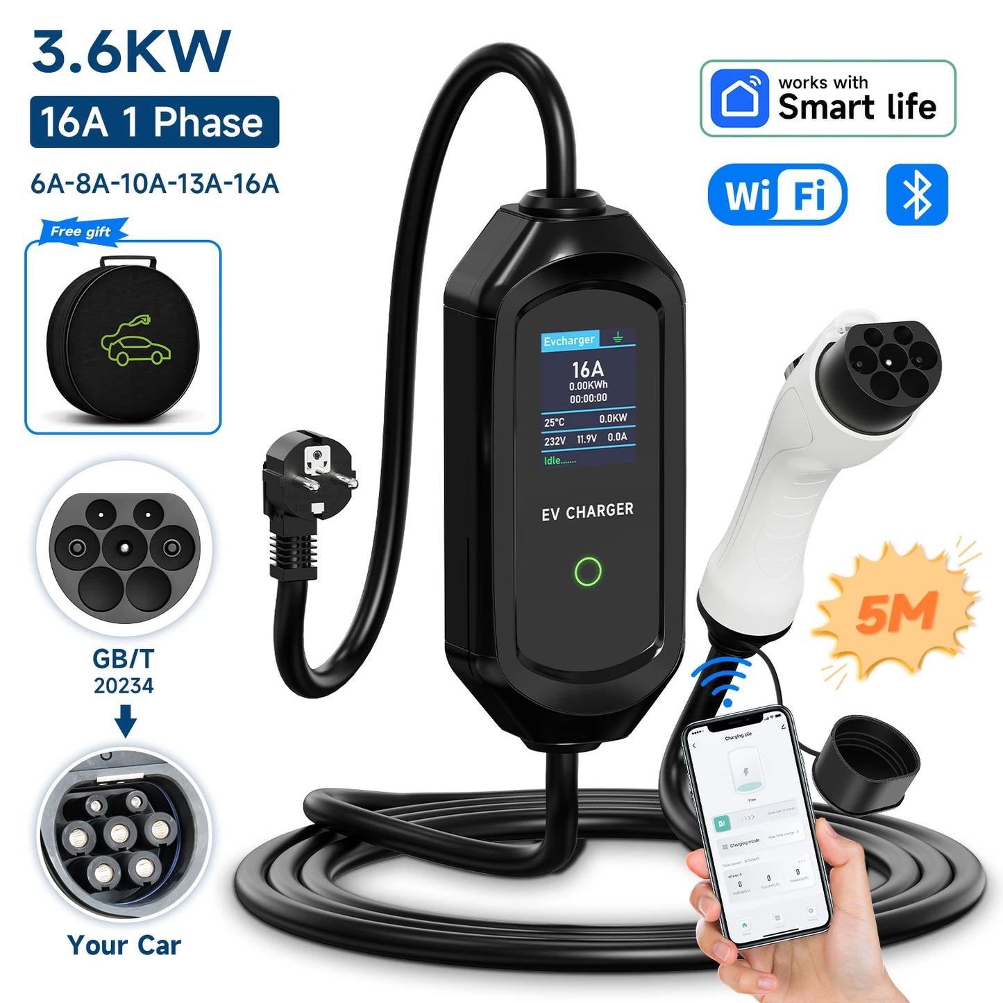 AFYEEV 3600W Portable Type2 IEC62196-2 EV Charger Type1 SAE J1772 Electric Car Charger GBT EVSE Charging Cable Wallbox EU Plug