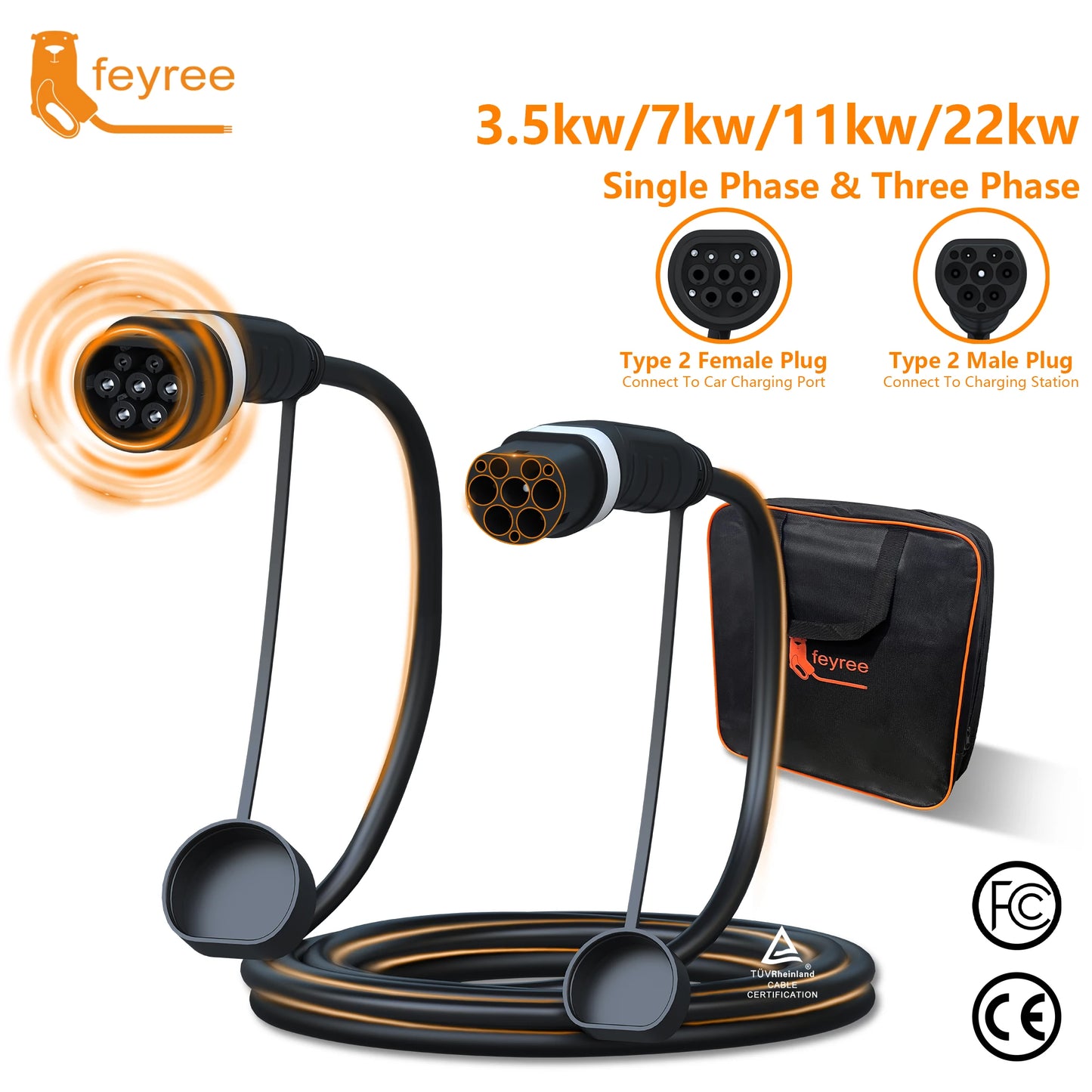feyree EV Charger Type2 to Type2 Charging Cable 32A 7KW 1Phase 16A 3.5KW 11KW 22KW 3Phase Charger Station for Electric Vehicle