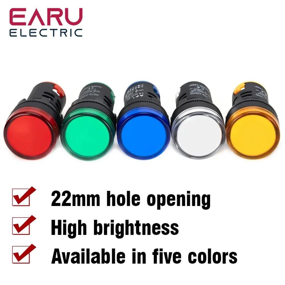 22MM Panel LED Power Electronic Indicator Pilot Signal Light Lamp AC DC 12V 24V 110V 220V 380V Red Green Yellow Blue White LED