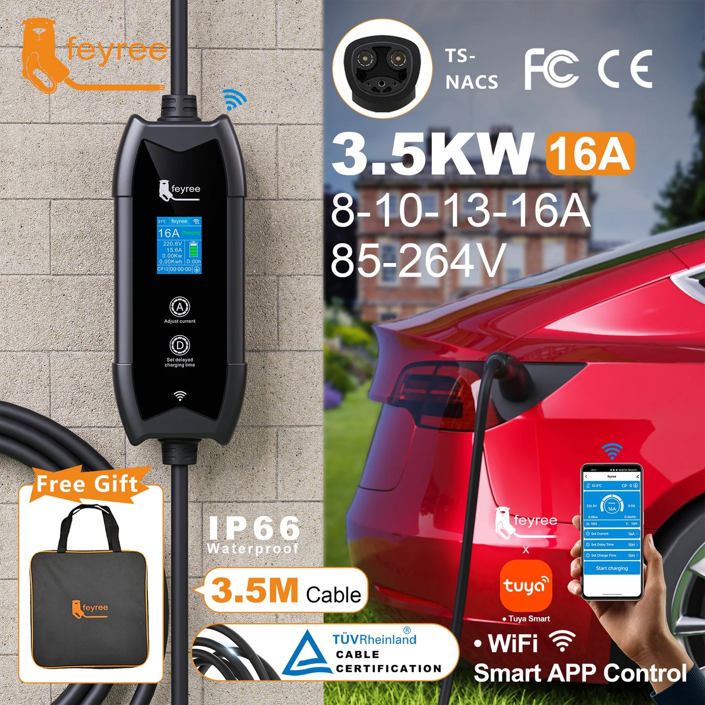 feyree EV Charger TS-NACS Socket 16A 3.5KW APP Control EVSE Portable Charging for Tesla Cars Models 3/Y/S/X Set Charge&DelayTime