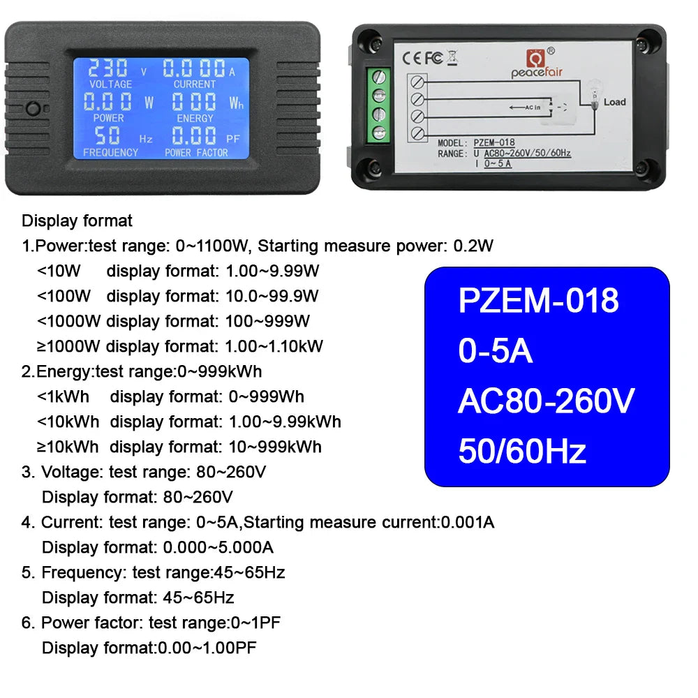 PZEM 5A 10A 100A Battery Capacity Tester AC80-260V 6in1 Voltage Current Power Capacity Meter Resistance Frequency Meter by 54Grid - Renewable Energy Store