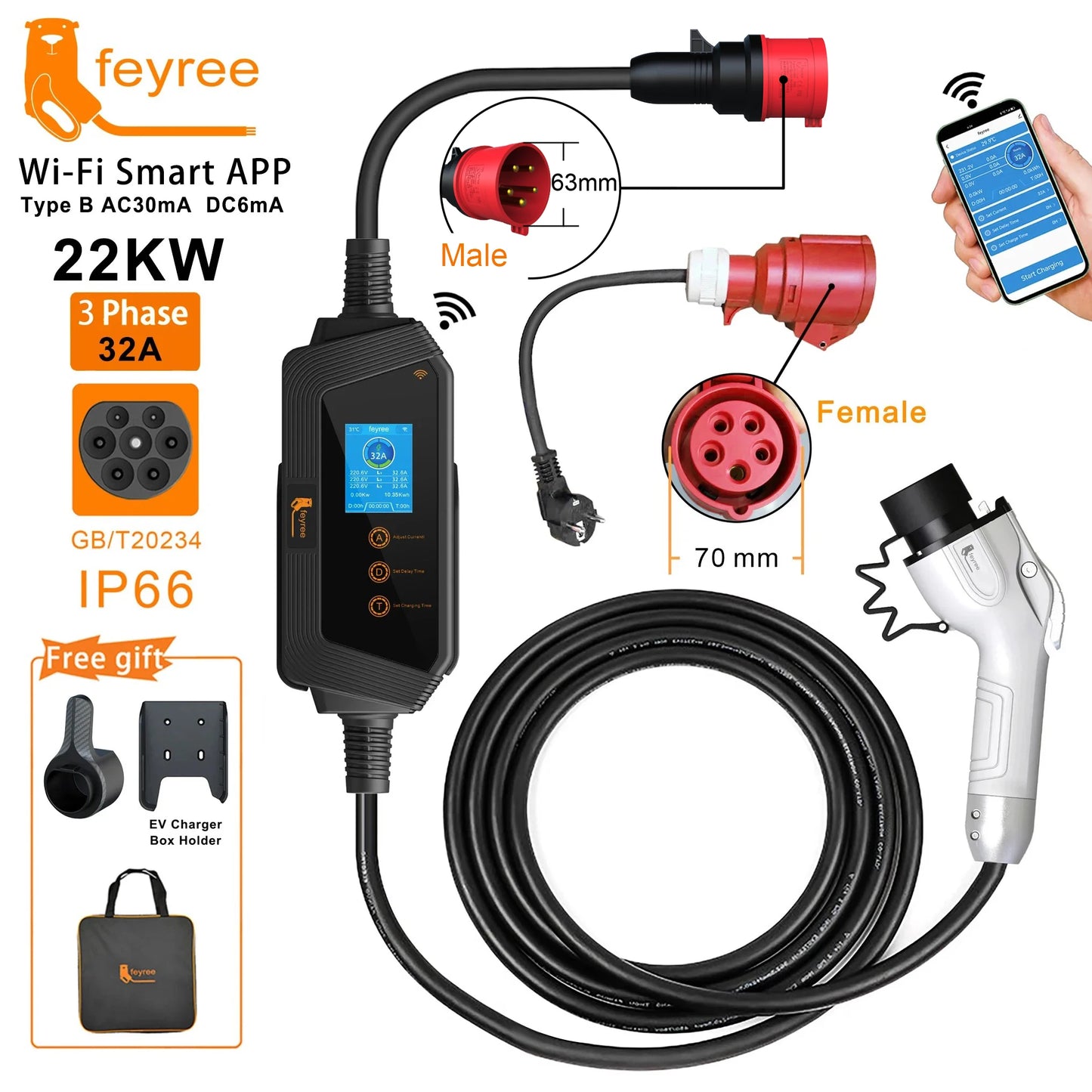 feyree Portable EV Charger GBT Plug Fast 22KW 32A 3Phase Adjusting Current Wi-Fi Smart APP Control Electric Car Charging Station