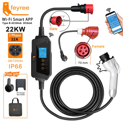 feyree Portable EV Charger GBT Plug Fast 22KW 32A 3Phase Adjusting Current Wi-Fi Smart APP Control Electric Car Charging Station