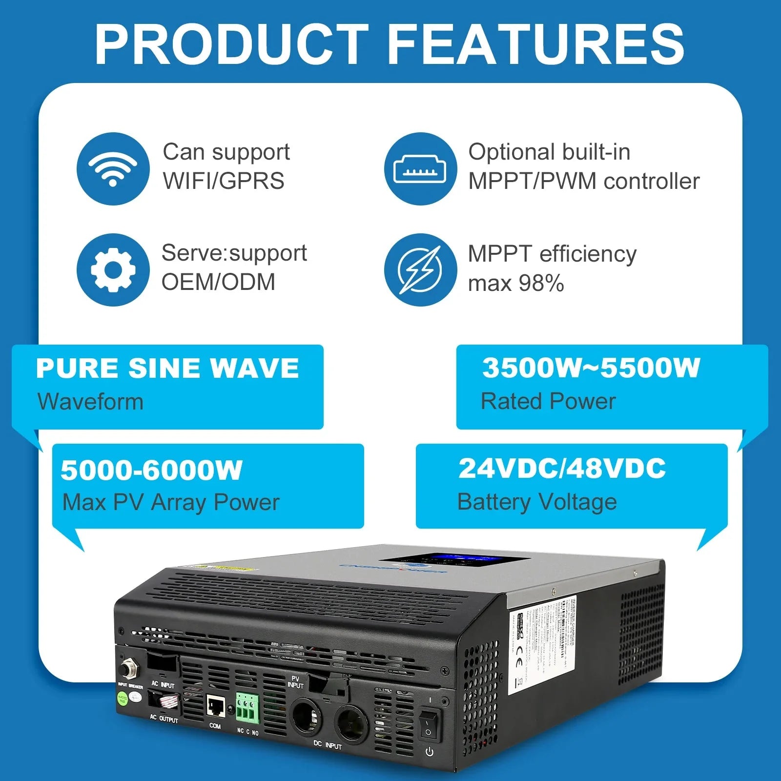 3000VA/2400W Hybrid Inverter Pure Sine wave with AC Charger Solar Charger Controller PWM PV input DC 24V to AC 120V - 54Grid - Renewable Energy Store