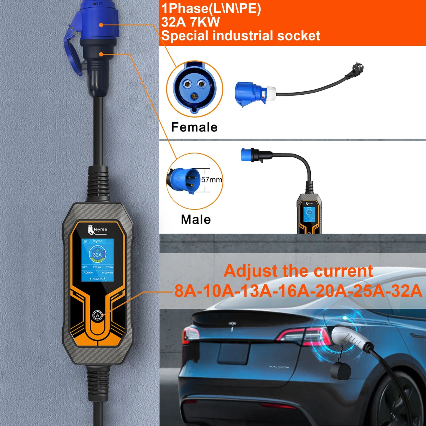 feyree Type2 7KW 32A 1Phase Portable EV Charger 5m Cable Current Adjustable EVSE Wallbox Charging Box for Electric Car Charger
