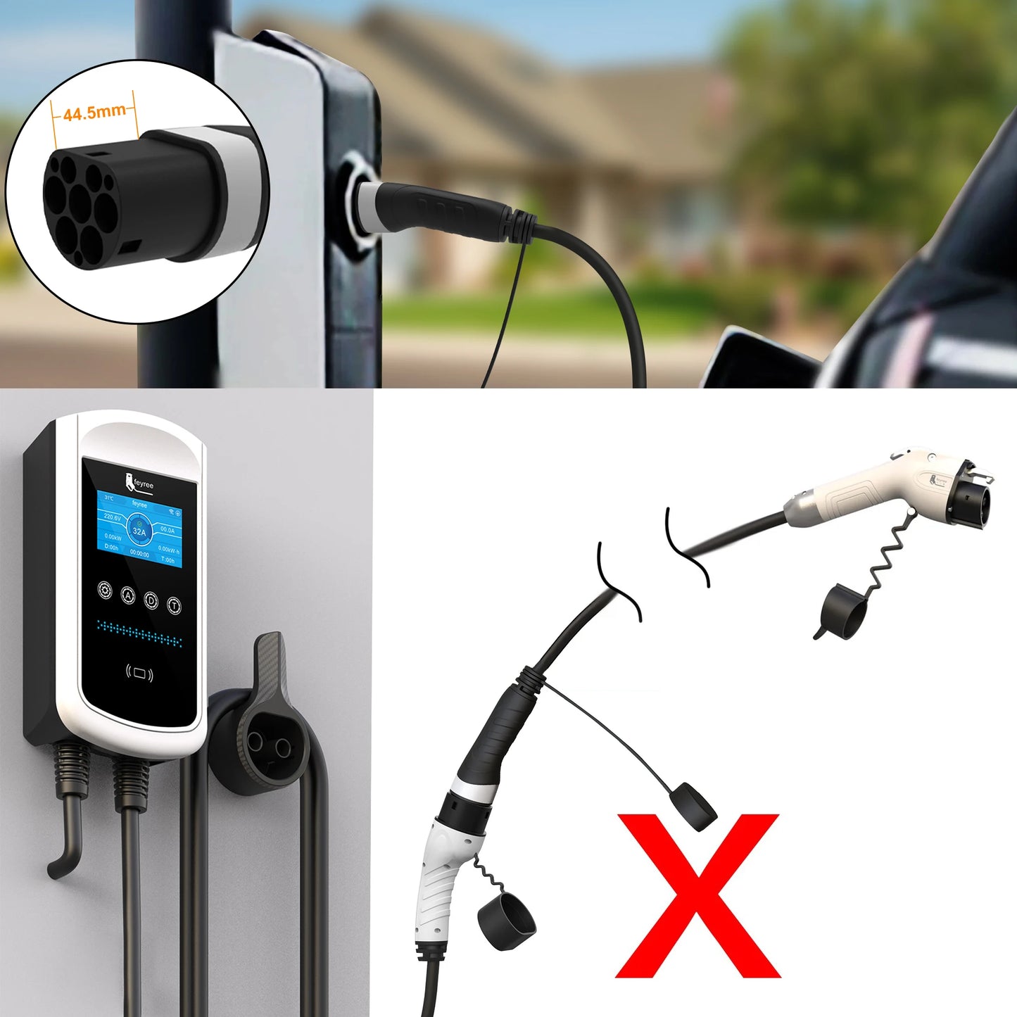 feyree EV Charging Cable 7KW 32A 1Phase Type1 Car Charging Socket to Type2 Power Supply Side 16A 3.5KW 5m Cable for Electric Car