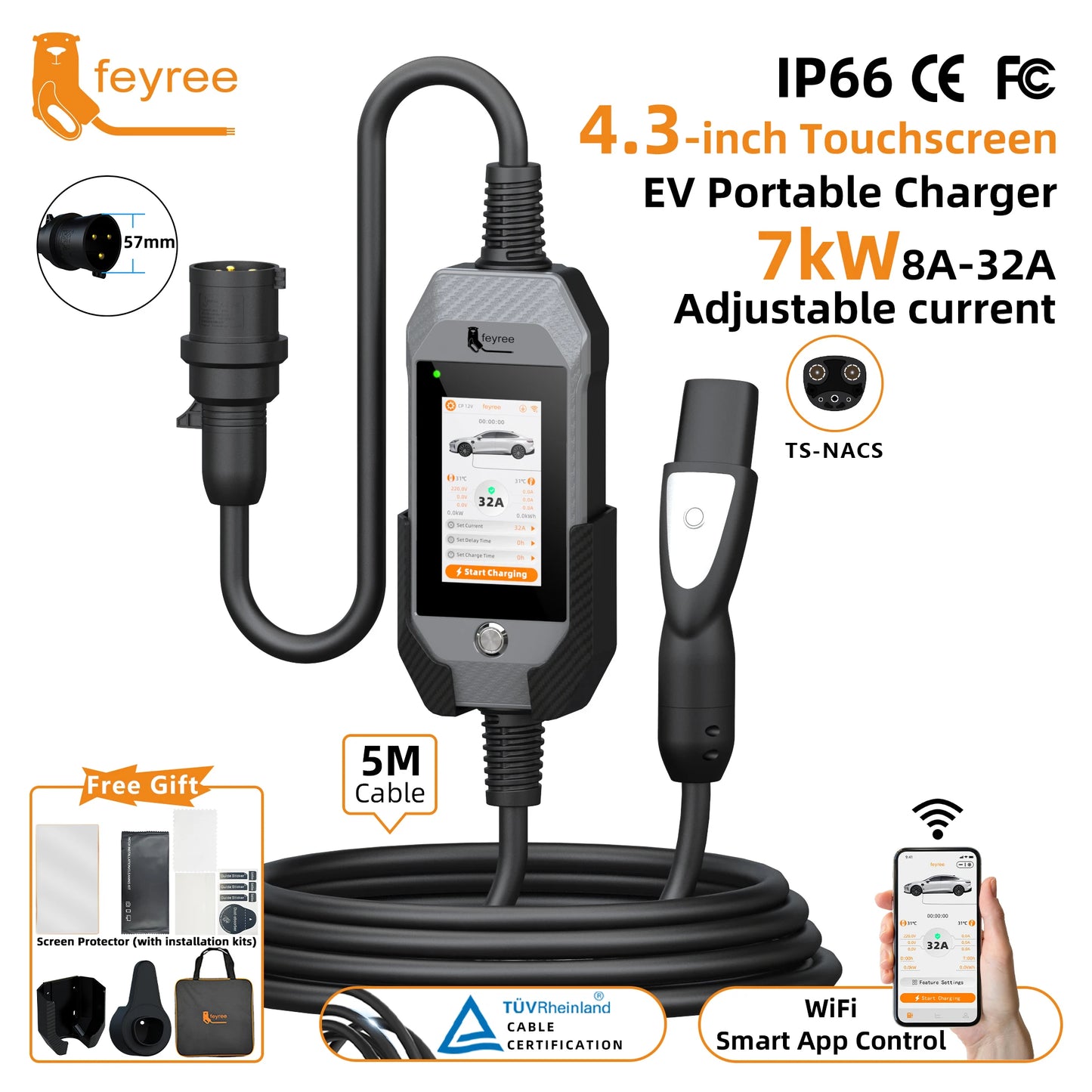 feyree 4.3Inch Touch Screen EV Charger 7kW 32A 1Phase TS-NACS Socket Smart WIFI APP Control EVSE Portable Box for Tesla EV Cars