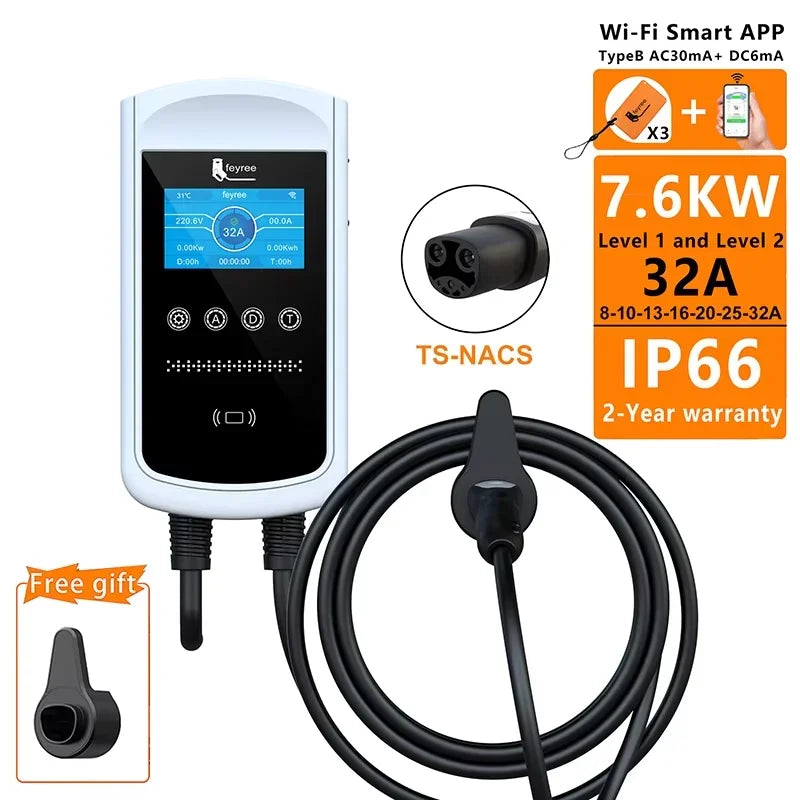 feyree EV Charging Station 32A 7KW TS-NACS Charger Plug for Tesla Car Charger EVSE Wallbox 9.6KW 12KW Fast Charging APP Control