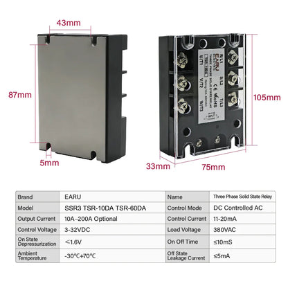 TSR SSR-10DA SSR-40DA SSR 25A 60A 80A 100A Three Phase SSR Solid State Relay DC Control AC 480V 5-32V Input Aluminum Heatsink by 54Grid - Renewable Energy Store