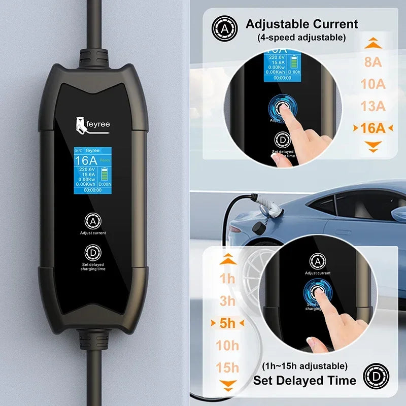 feyree EV Charger Type2 3.5KW 16A Portable Charging Box Set Current and Set Delay Time 5M Cable for Electric Vehicle Car Charger